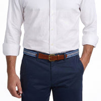 Model wearing Smathers and Branson Navy Pants with Camden Stripe needlepoint pattern