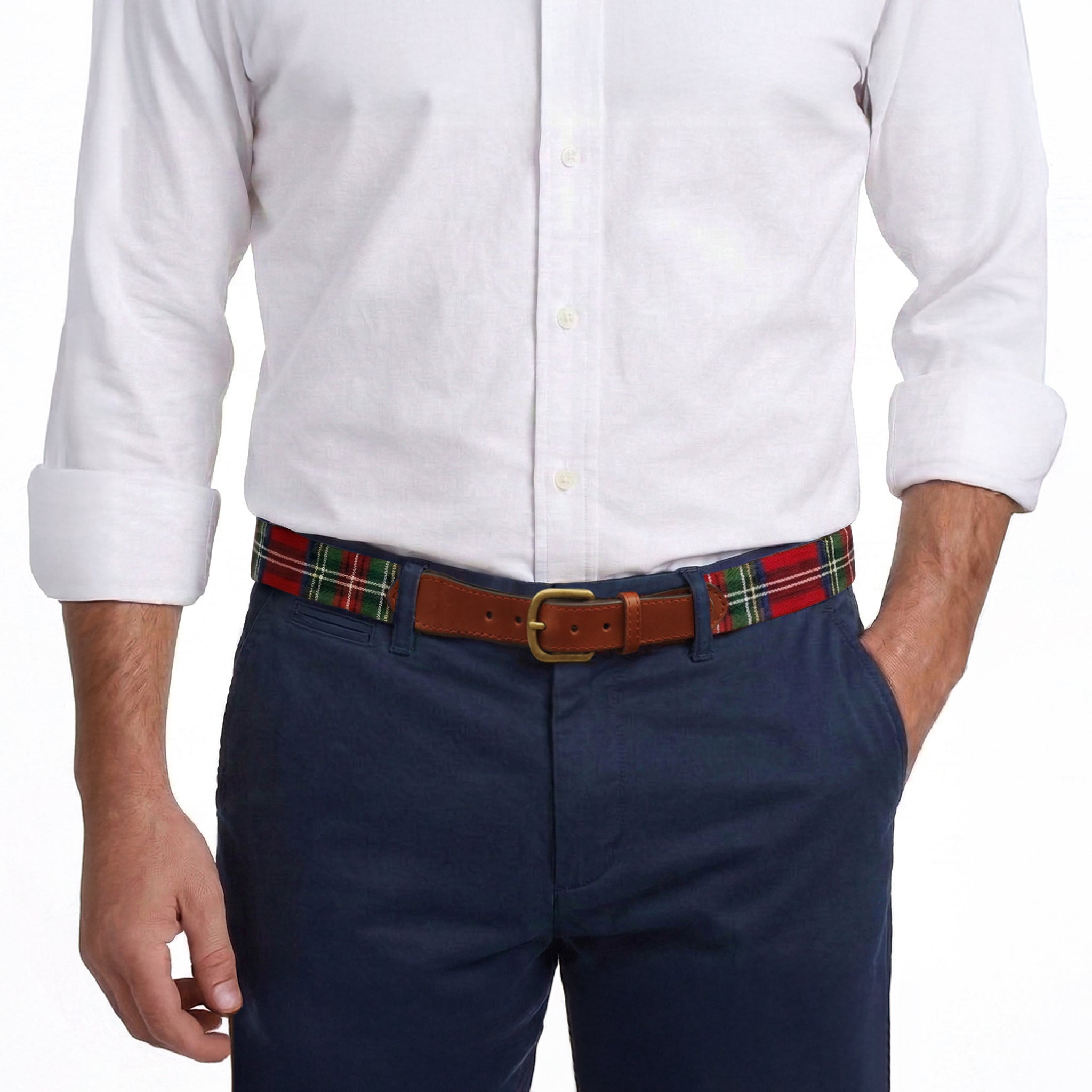 Model wearing Smathers and Branson Navy Pants with Christmas Plaid needlepoint pattern