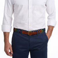 Model wearing Smathers and Branson Navy Pants with Dancing Skeletons needlepoint pattern