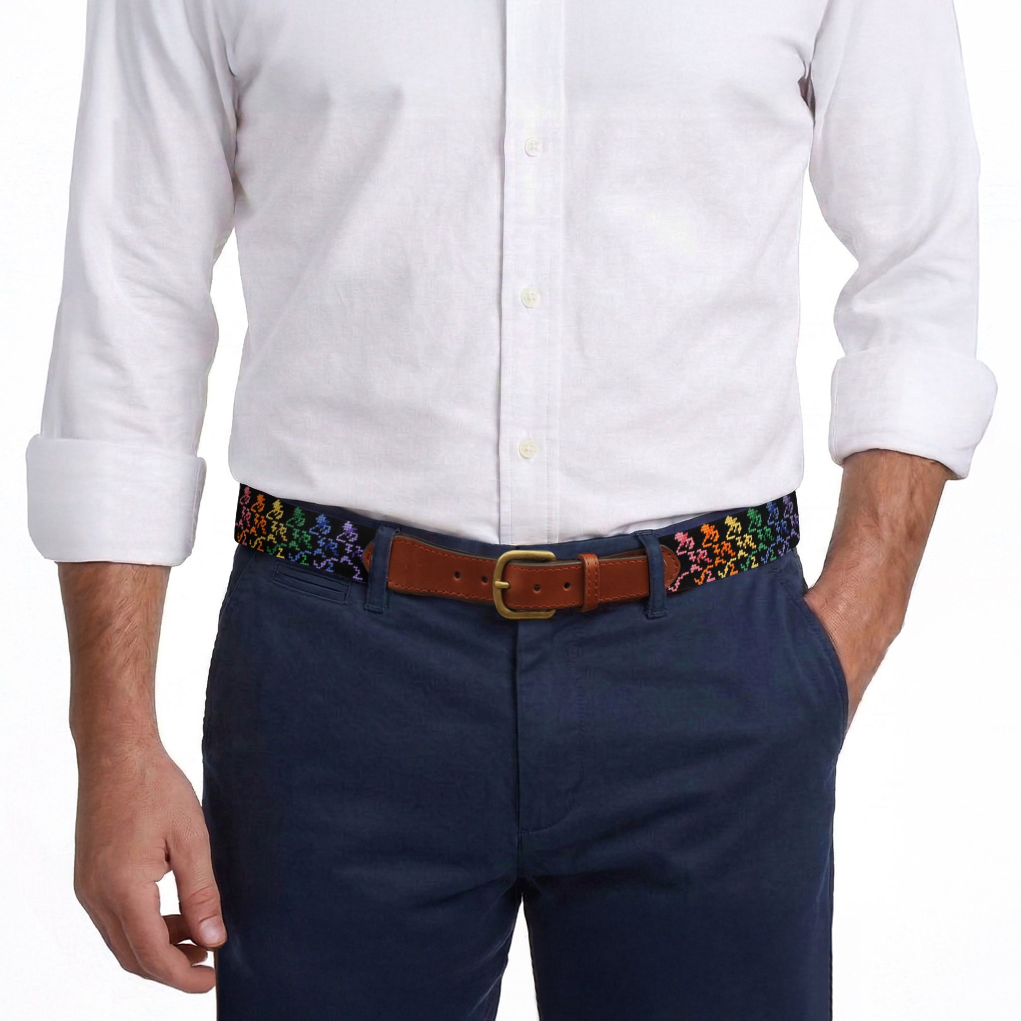 Model wearing Smathers and Branson Navy Pants with Dancing Skeletons needlepoint pattern