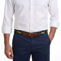 Model wearing Smathers and Branson Navy Pants with Fox Chase needlepoint pattern