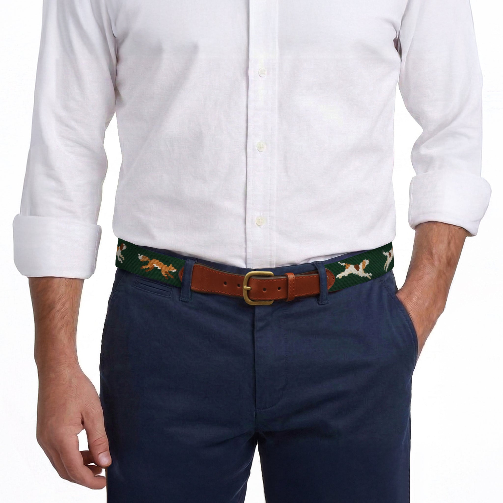 Model wearing Smathers and Branson Navy Pants with Fox Chase needlepoint pattern