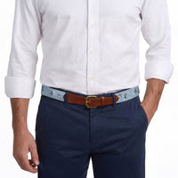 Model wearing Smathers and Branson Navy Pants with Pond Hockey needlepoint pattern