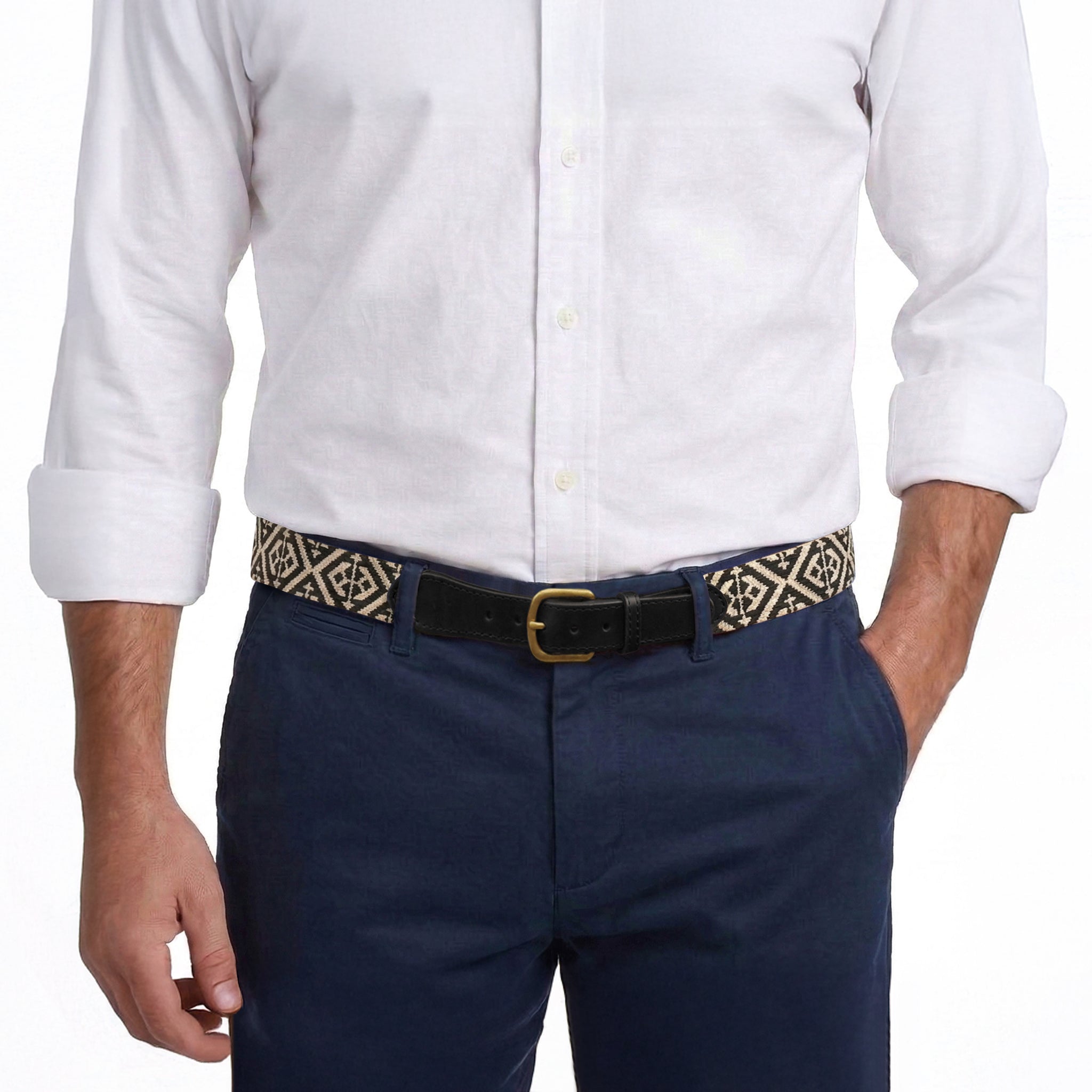Model wearing Smathers and Branson Navy Pants with Scarsdale Black Leather needlepoint pattern