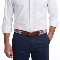 Model wearing Smathers and Branson Navy Pants with Sedona needlepoint pattern