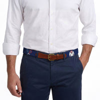 Model wearing Smathers and Branson Navy Pants with Tennis Life needlepoint pattern