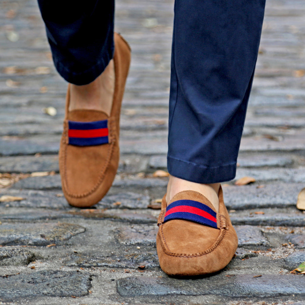 Surcingle Driving Shoes (Dark Navy-Red) (Cognac Suede)