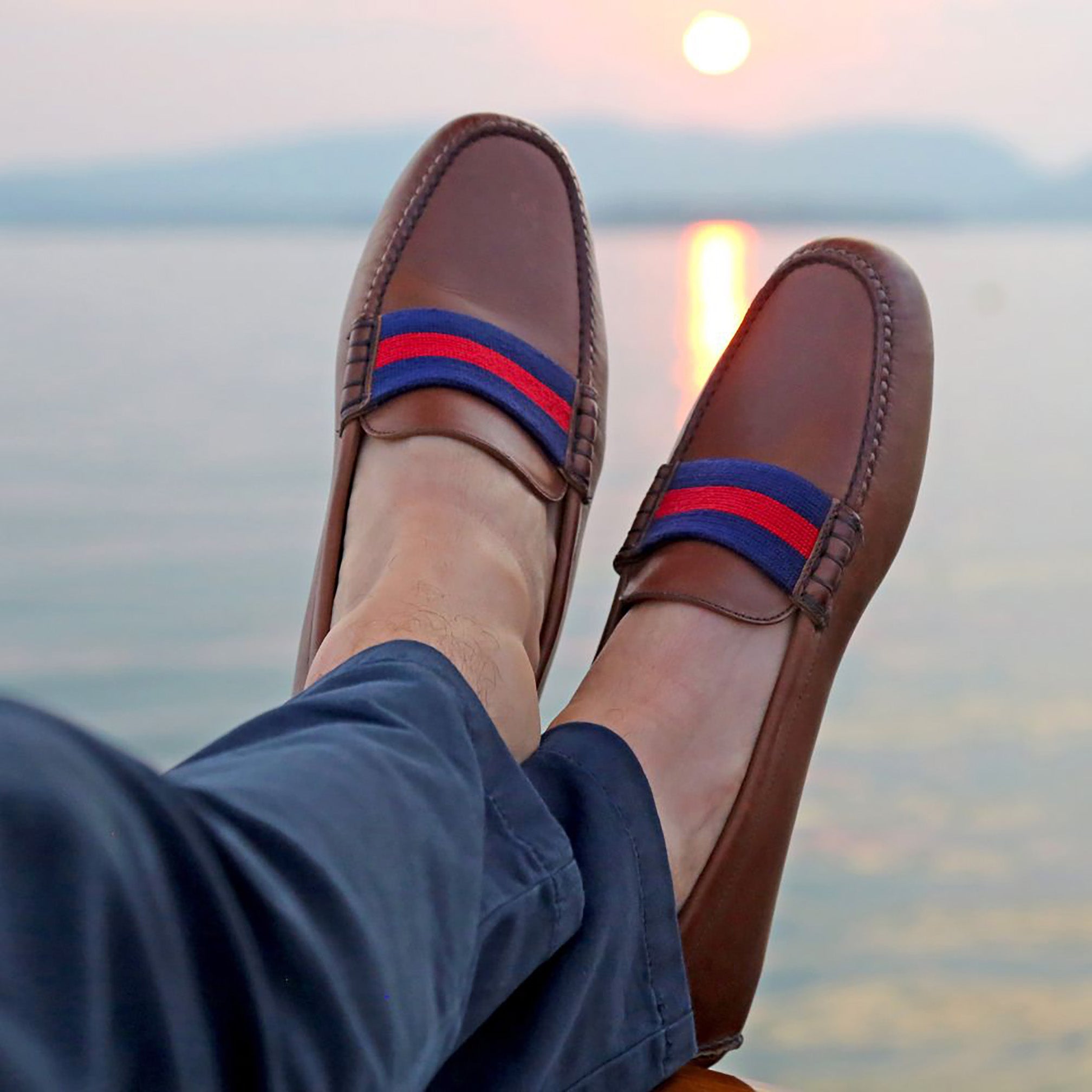 Surcingle Driving Shoes (Dark Navy-Red) (Chestnut Leather)