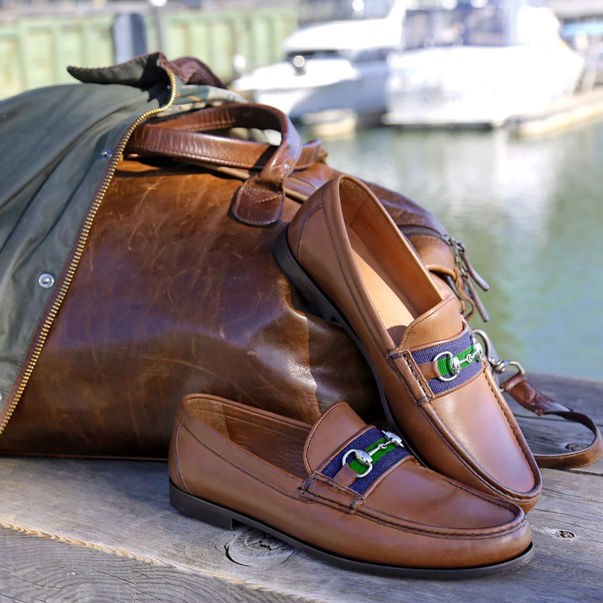 Surcingle Downing Bit Loafers (Dark Navy-Forest) (Chestnut Leather)