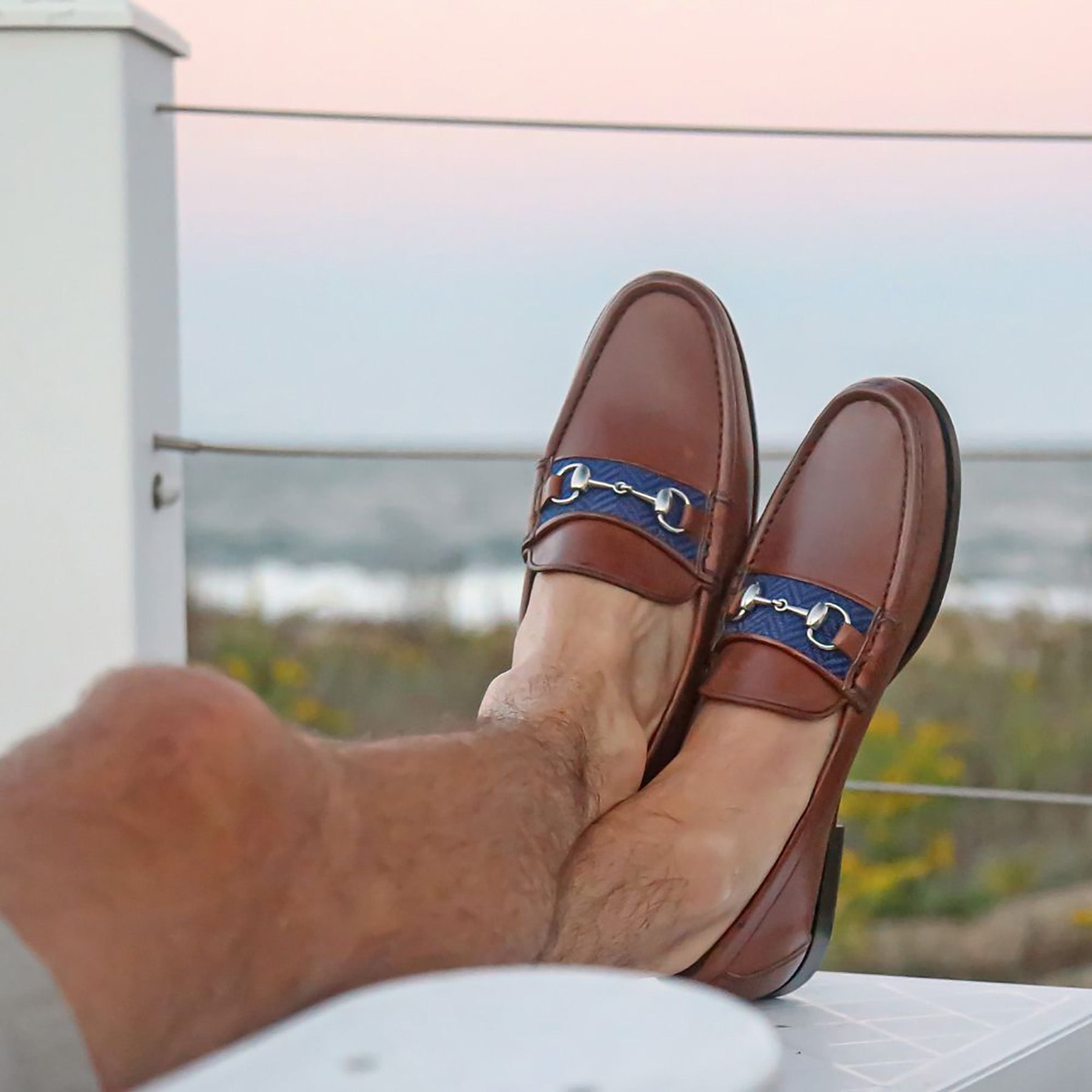 Herringbone Downing Bit Loafers (Navy) (Chestnut Leather)