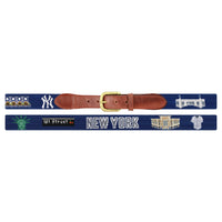 Flat view of Needlepoint Monogrammed New York Yankees Life Belt Classic Navy with brown leather trim and a brass buckle