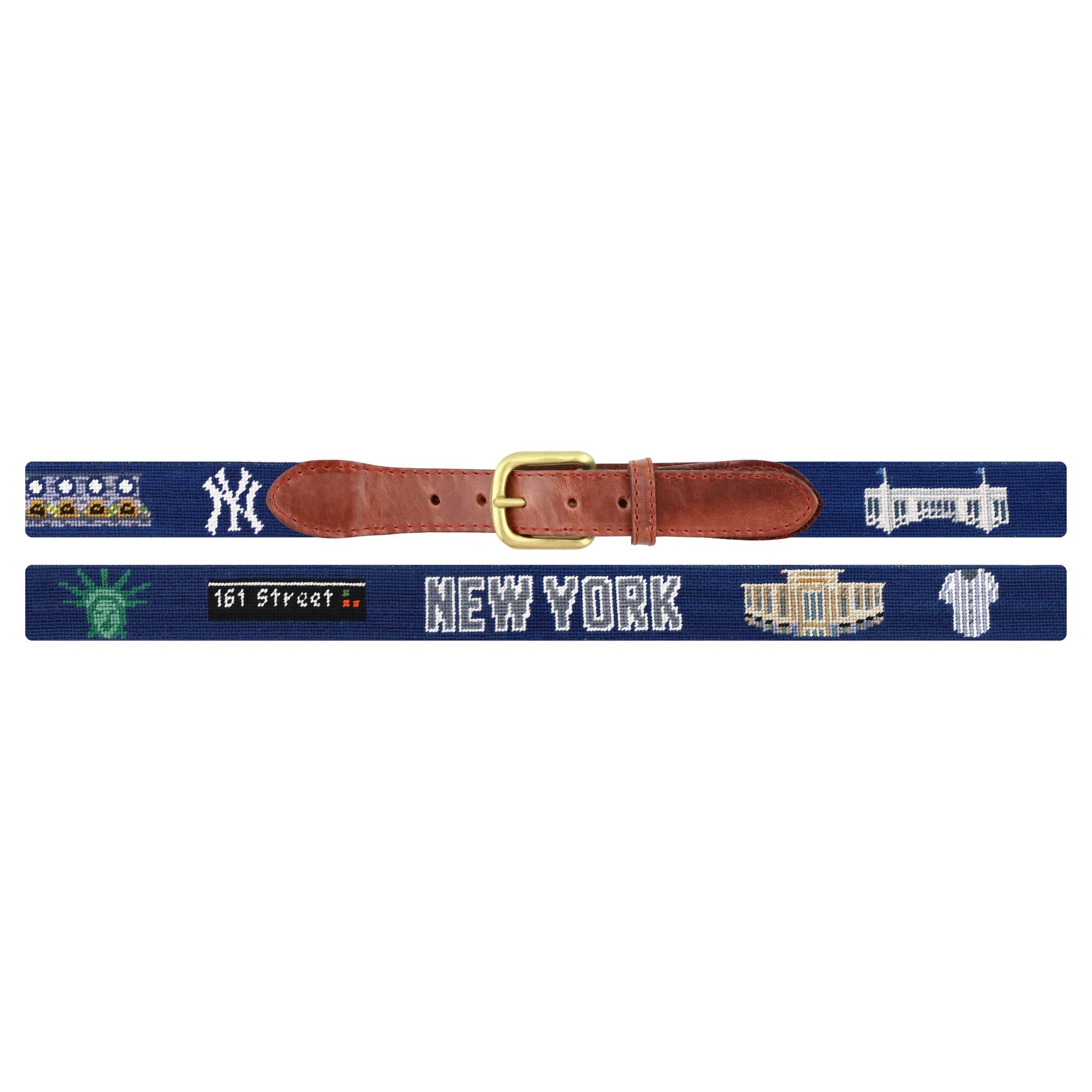 Flat view of Needlepoint Monogrammed New York Yankees Life Belt Classic Navy with brown leather trim and a brass buckle