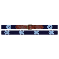 Flat view of Needlepoint Monogrammed UNC Belt Dark Navy with brown leather trim and a brass buckle