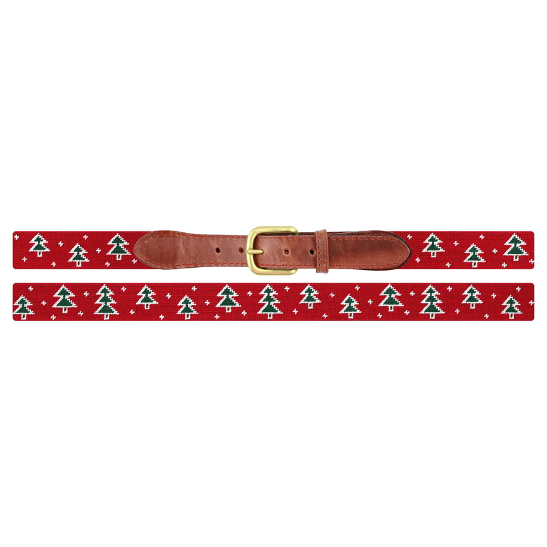 Flat view of Needlepoint Oh Christmas Tree Belt Red with brown leather trim and a brass buckle
