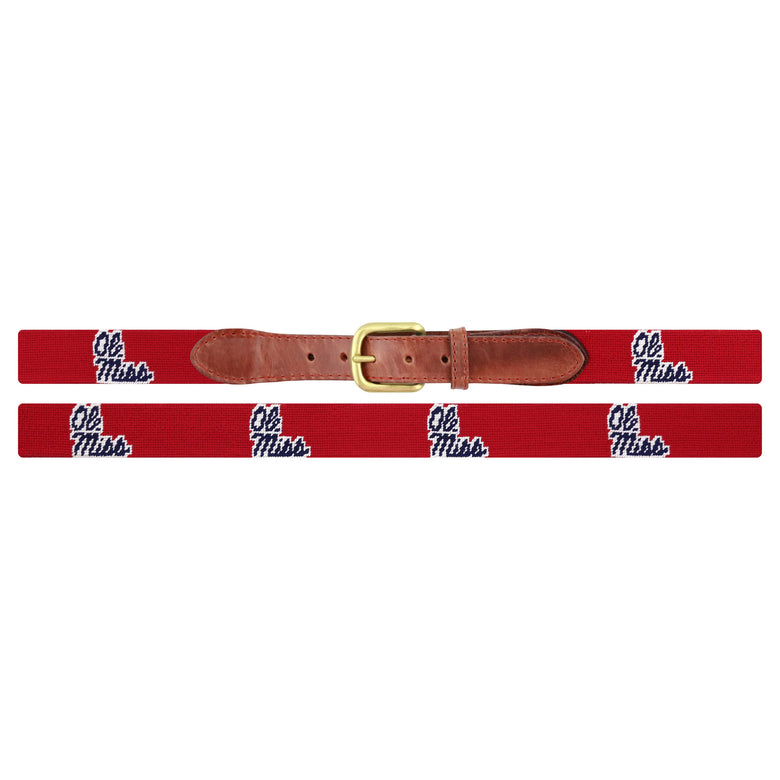 Flat view of Needlepoint Mississippi Belt Red with brown leather trim and a brass buckle
