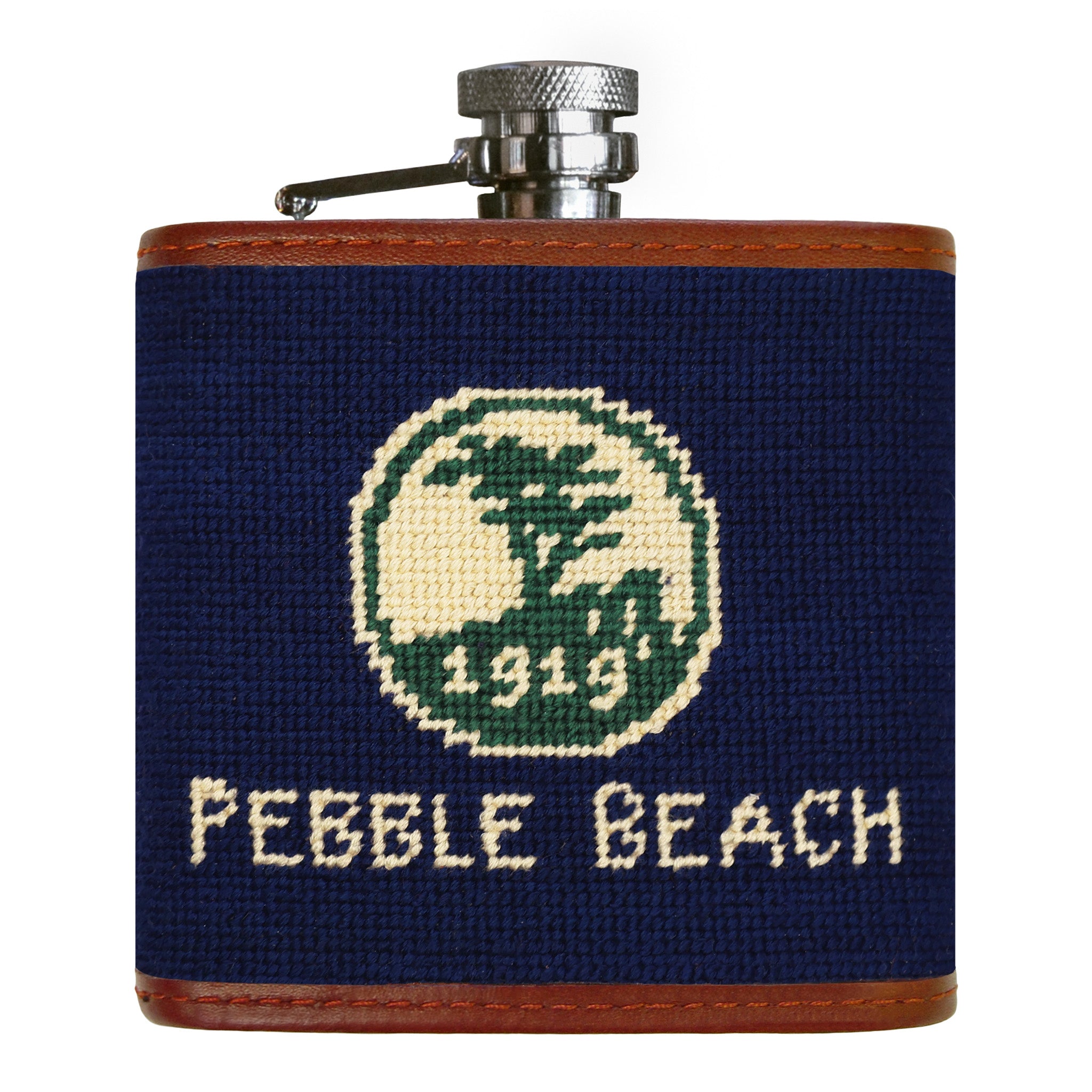 Pebble Beach flask with needlepoint design on a white background