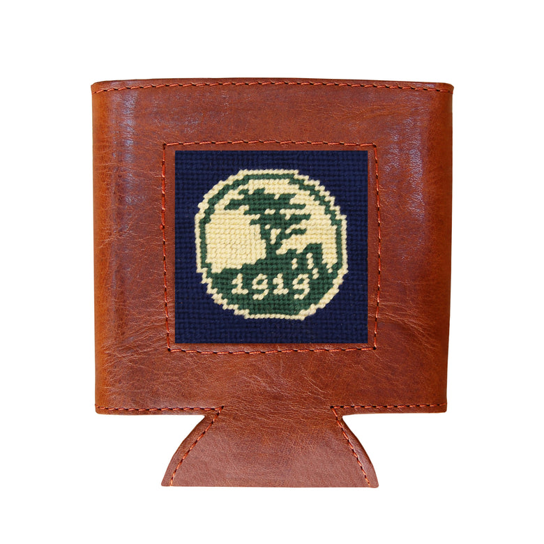 Dark navy can cooler featuring the Pebble Beach logo, shown from secondary angle.