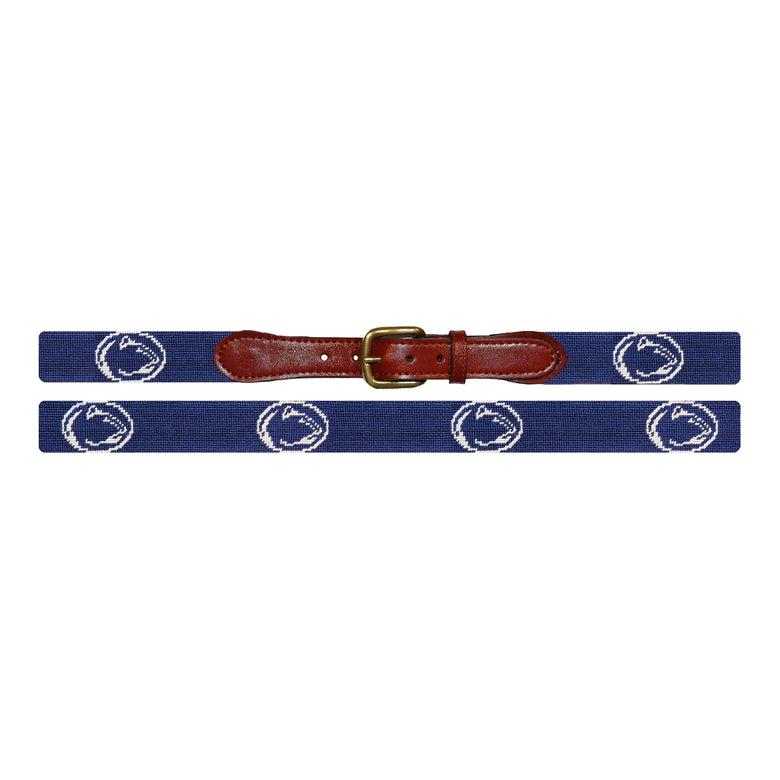 Flat view of Needlepoint Penn State Belt with brown leather trim and a brass buckle