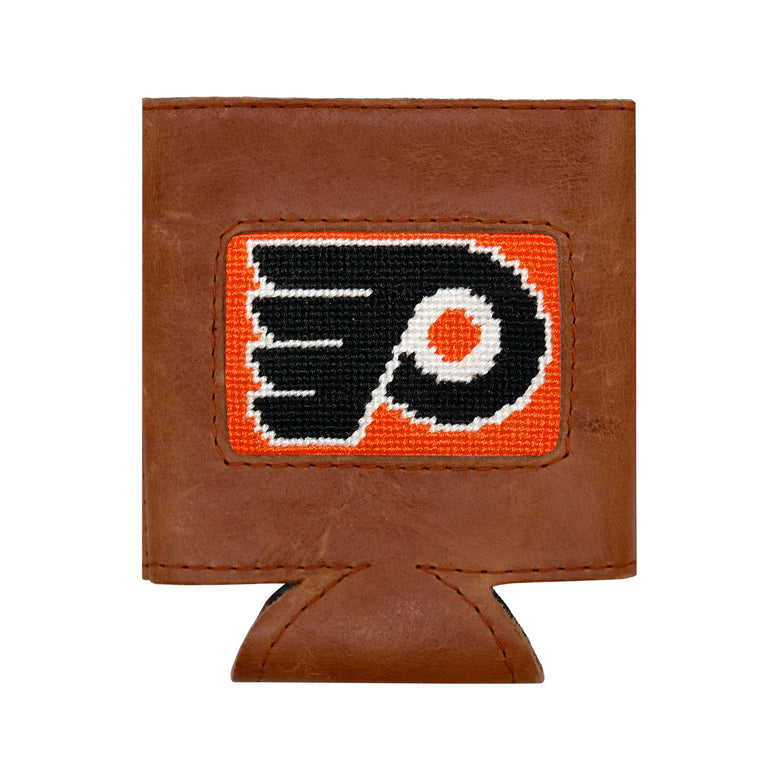 Orange can cooler showing the black and white Philadelphia Flyers logo from a secondary angle.