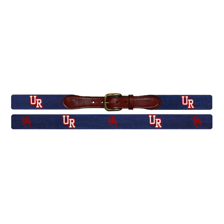 Flat view of Needlepoint University of Richmond Belt Classic Navy with brown leather trim and a brass buckle