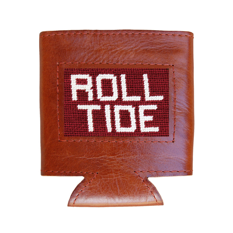 Crimson can cooler with “Roll Tide” text in white script.