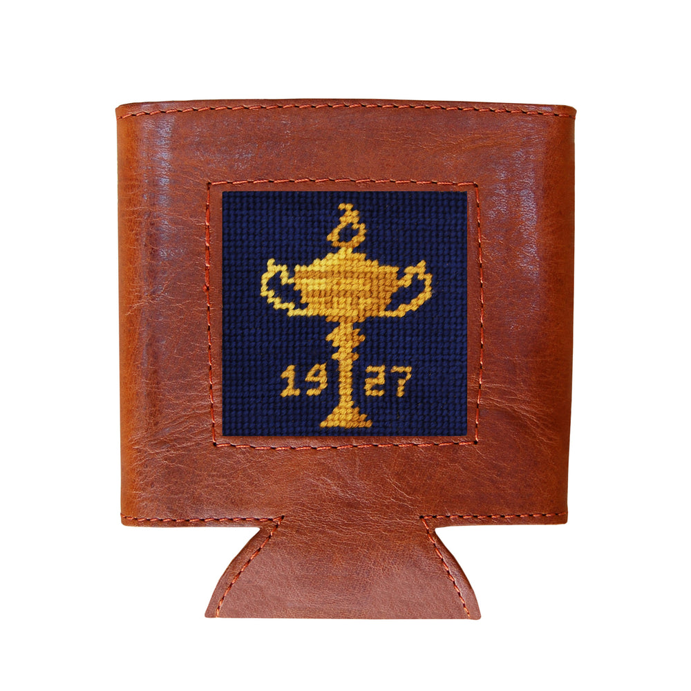 Brown leather can cooler with a embroidered design of a trophy and '1927' on a white background