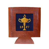 Brown leather can cooler with a embroidered design of a trophy and '1927' on a white background