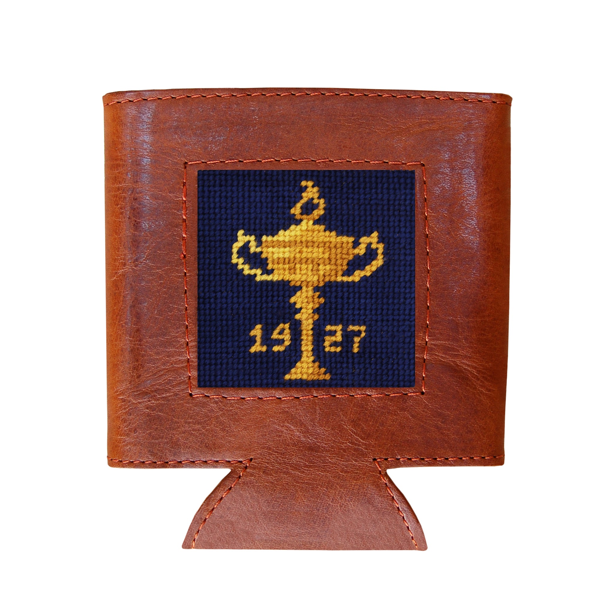 Brown leather can cooler with a embroidered design of a trophy and '1927' on a white background