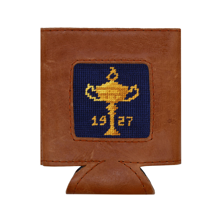 Brown leather can cooler with a embroidered design of a trophy and '1927' on a white background