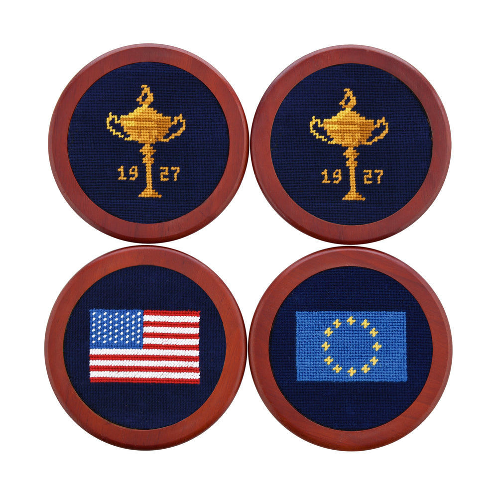 Ryder Cup 1927 Trophy-American Flag-EU Flag Coasters (Dark Navy)