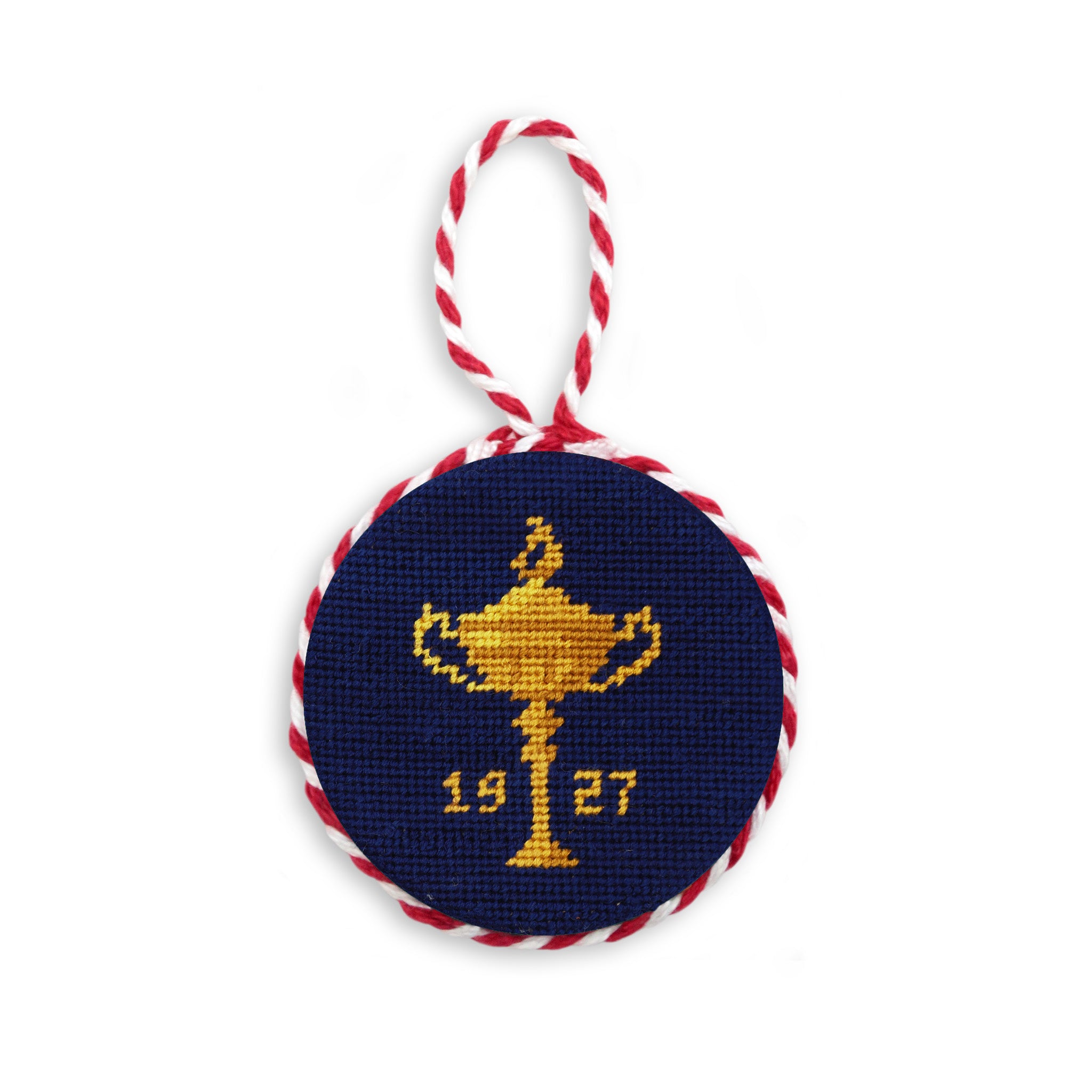 Decorative ornament with a gold trophy design and '1927' text on a navy background, featuring red and white string.