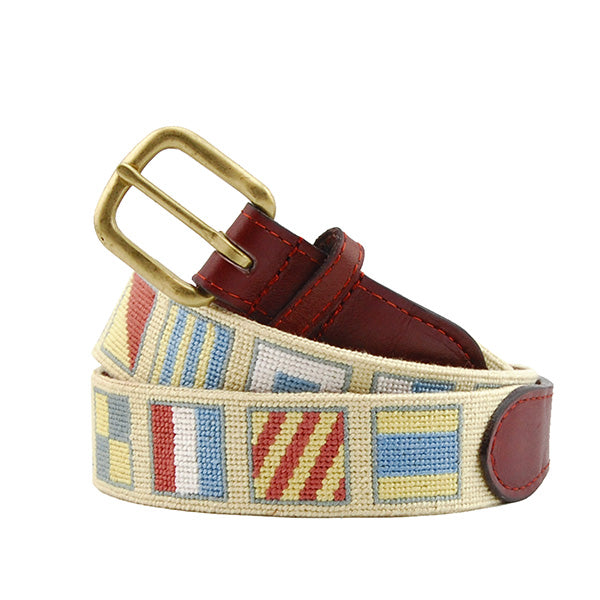 Belt with colorful striped pattern and gold buckle on a white background