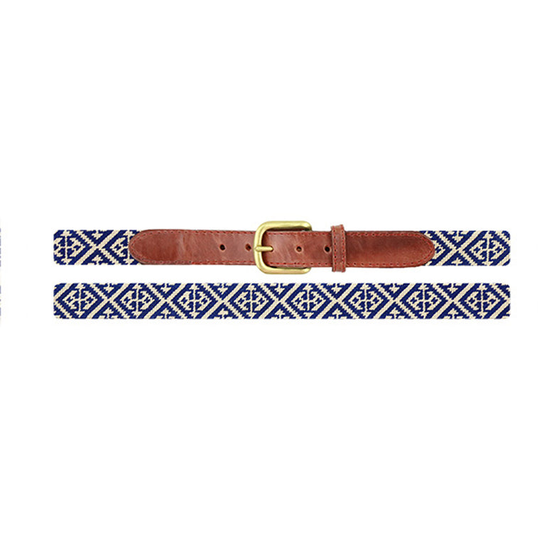 Scarsdale  design stitched on a classic navy and light khaki needlepoint children’s belt with brown leather accents and a brass buckle.