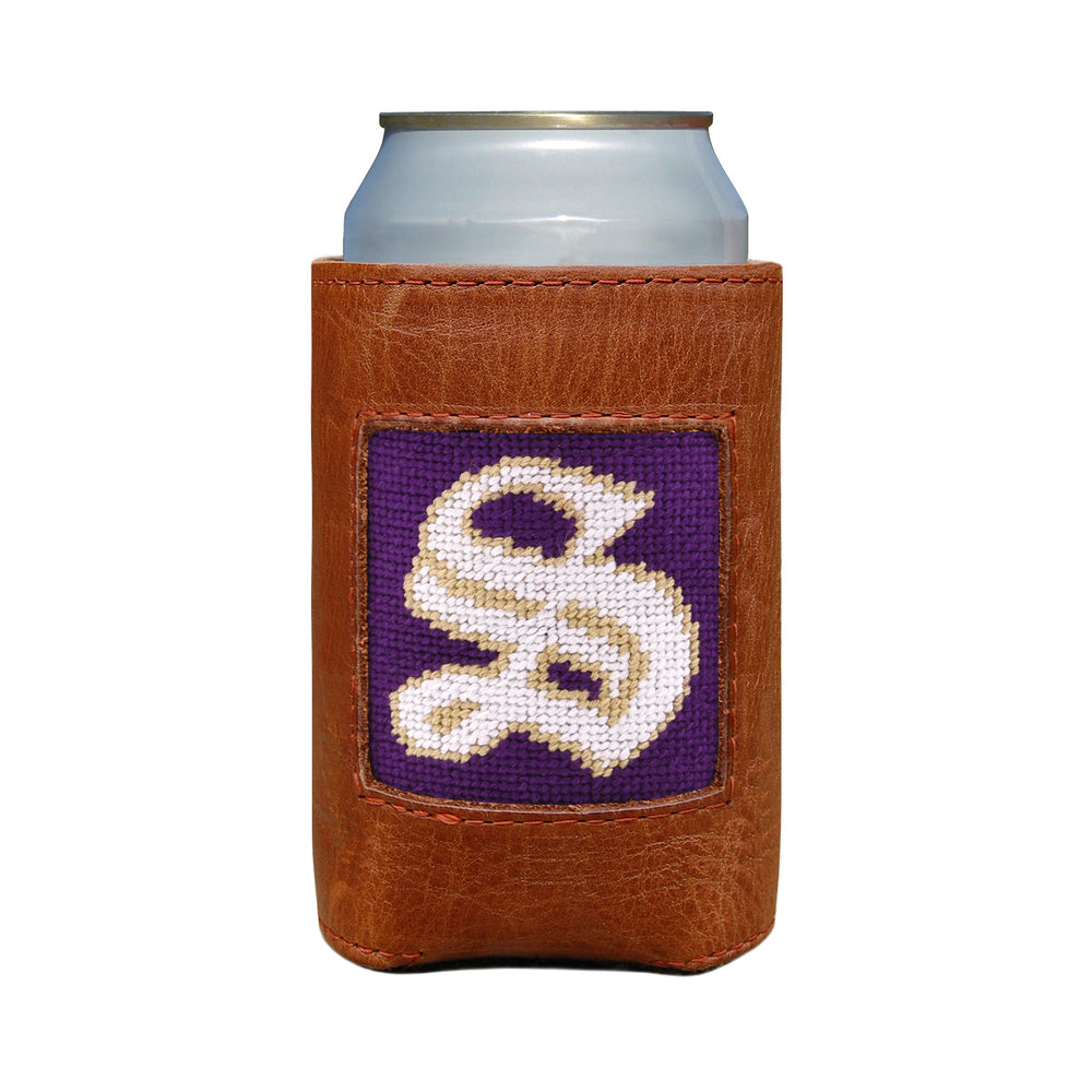 Brown leather can cooler with a purple and white logo on a white background