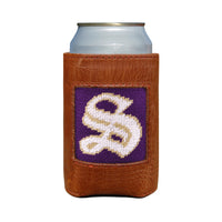 Brown leather can cooler with a purple and white logo on a white background