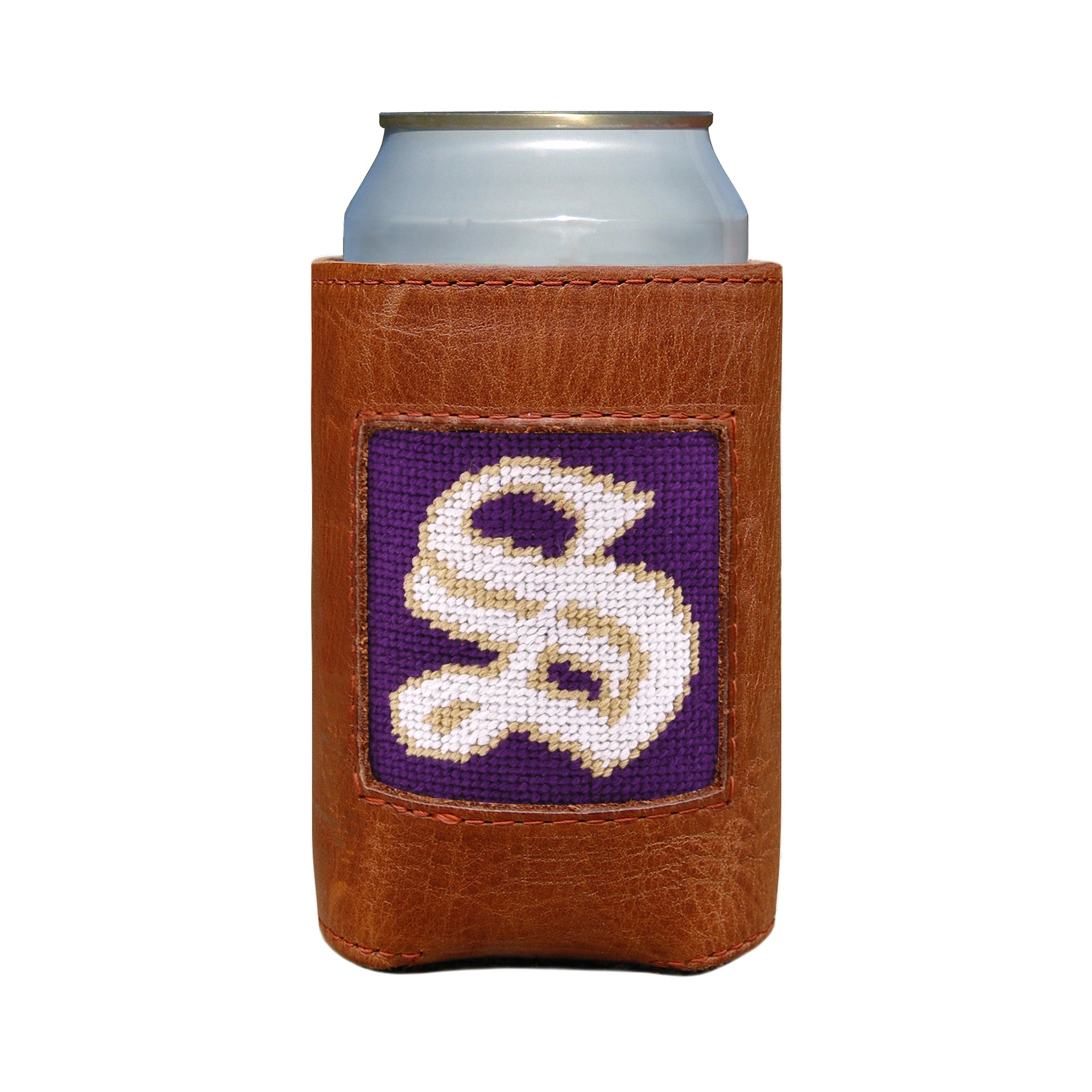Brown leather can cooler with a purple and white logo on a white background