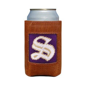 Brown leather can cooler with a purple and white logo on a white background