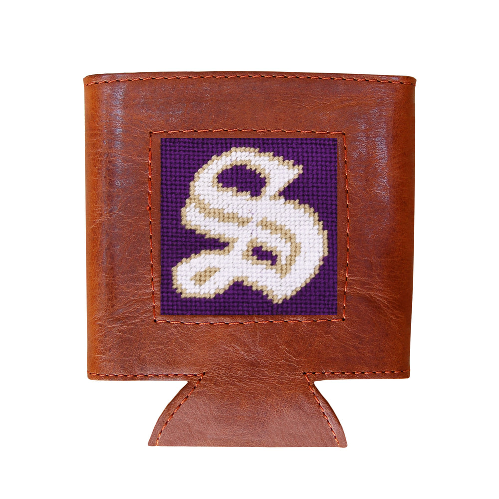 Brown leather can cooler with a purple square featuring a white logo on a white background
