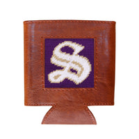 Brown leather can cooler with a purple square featuring a white logo on a white background