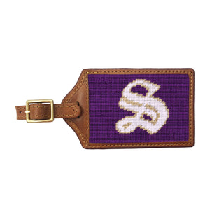 Luggage tag with a logo on a purple background