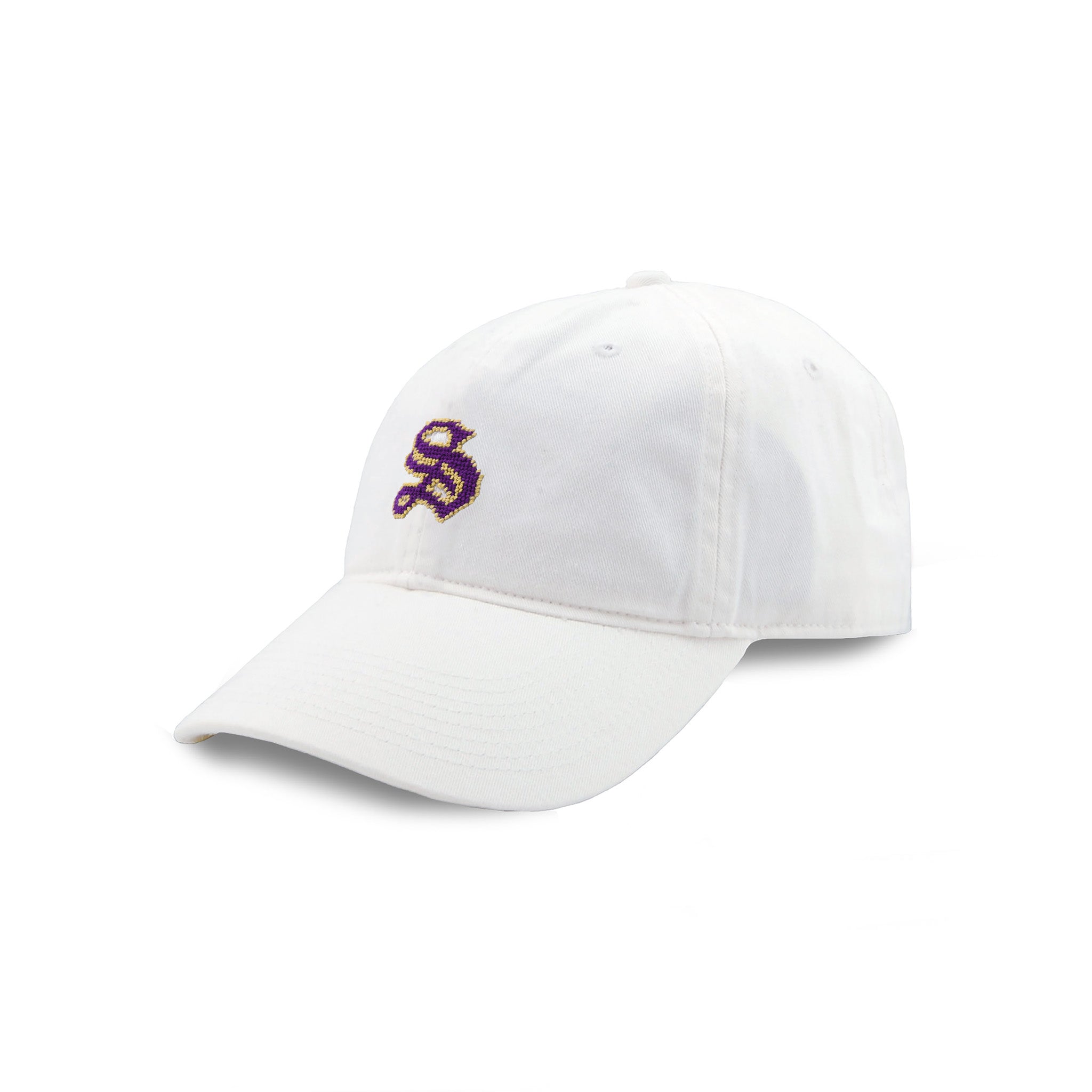 White cap with a purple logo on a white background