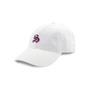 White cap with a purple logo on a white background