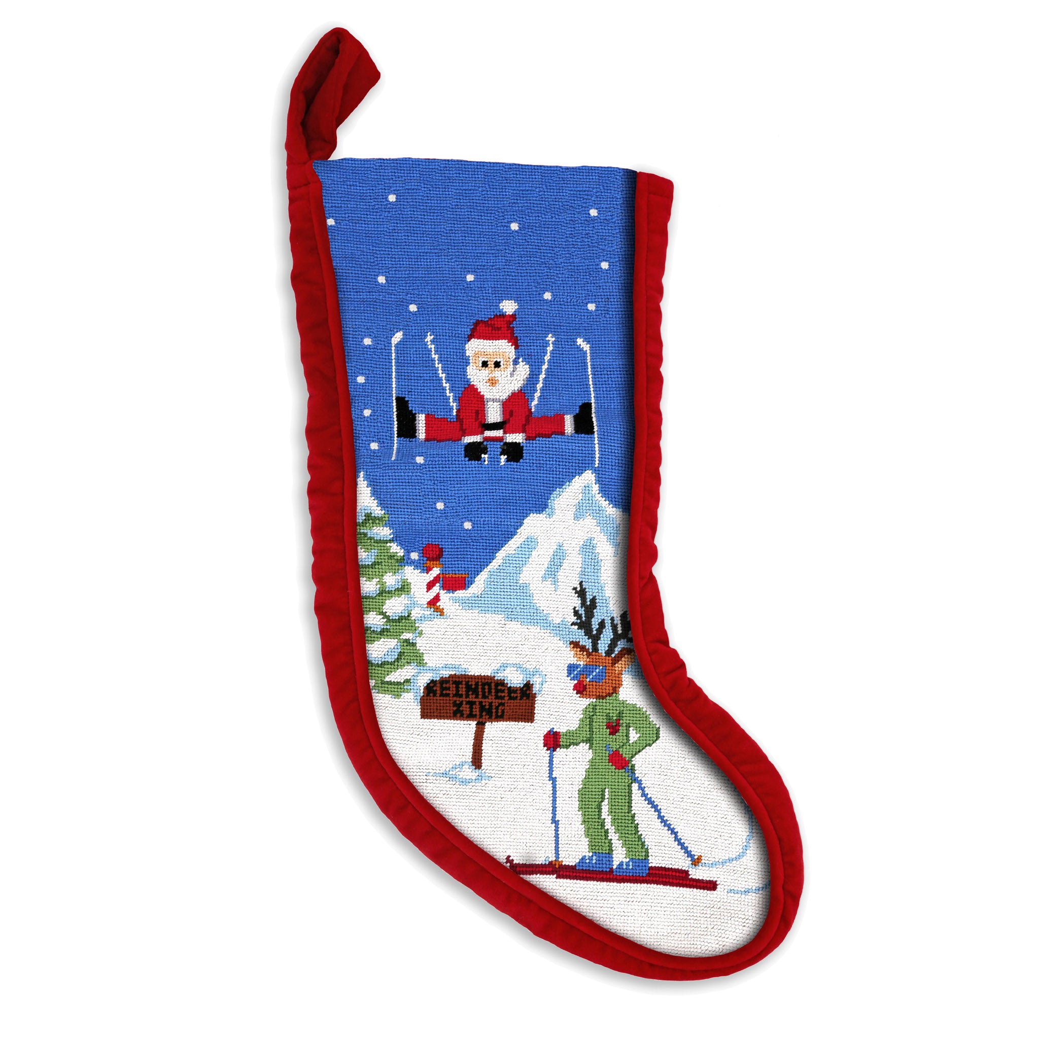 Skiing Santa Stocking (Red Velvet) (Final Sale)