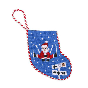 Skiing Santa Stocking Ornament (Cobalt) (Red-White Cord)