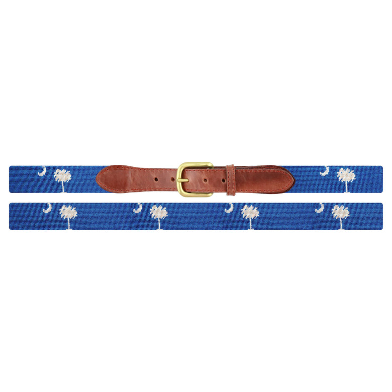 Flat view of Needlepoint Monogrammed SC Flag Belt Blueberry with brown leather trim and a brass buckle
