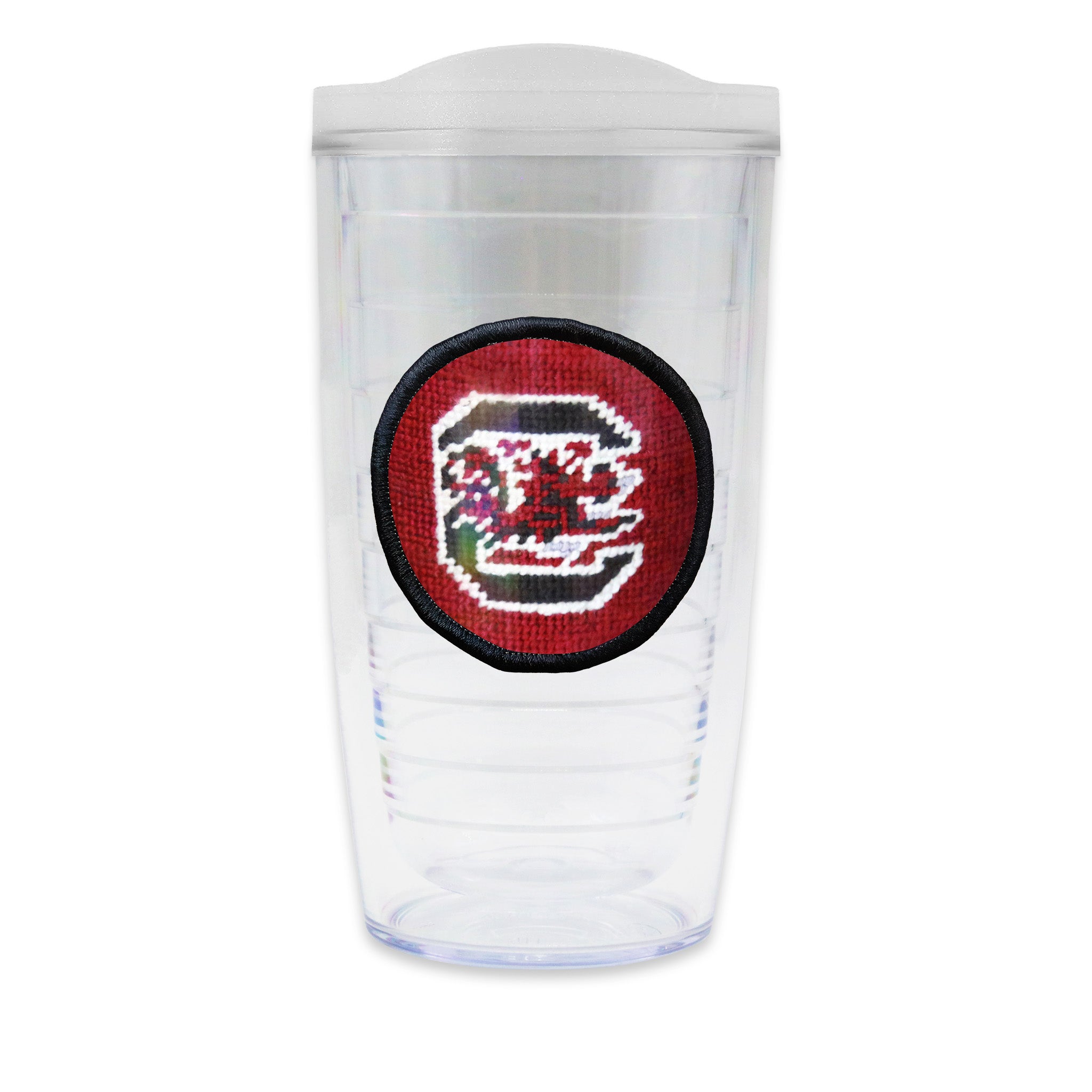 Tervis Tumbler with USC logo needlepoint patch with frosted lid