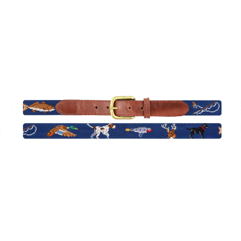 Southern Sportsman needlepoint children's belt on a classic navy background with brown leather and a brass buckle.