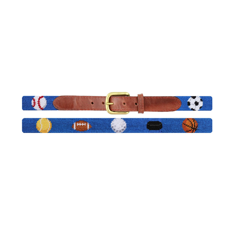 Flat view of Needlepoint Sports Children's Belt Blueberry with brown leather trim and a brass buckle