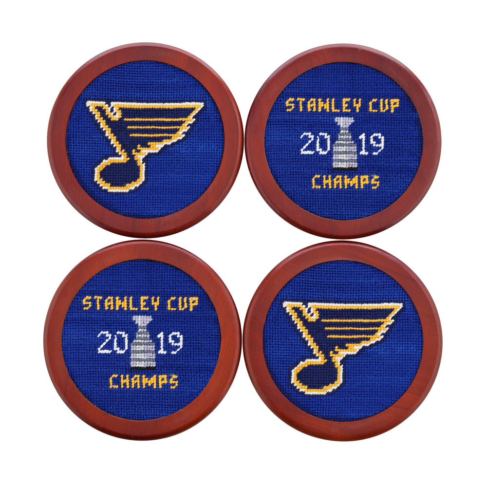 Four embroidered coasters with St. Louis Blues logo and 'Stanley Cup 2019 Champs' text on a white background.