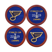 Four embroidered coasters with St. Louis Blues logo and 'Stanley Cup 2019 Champs' text on a white background.